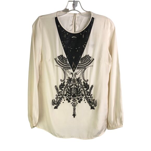 Amanda Uprichard Top Womens Sz Small Cream Embroidered 100% Silk Long Sleeve NWT - Picture 1 of 10